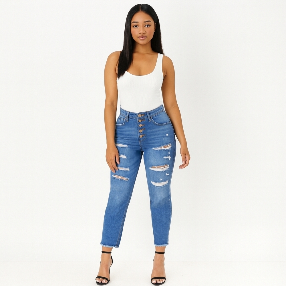 Free People Women Button Fly Exposed Distressed Straight Jeans HIGH RISE Size 29